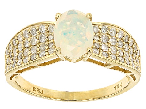 Ethiopian Opal With White Diamond 10k Yellow Gold Ring 1.16ctw