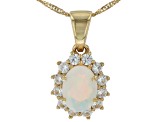 Ethiopian Opal With White Zircon 10k Yellow Gold Pendant With Chain 1.24ctw