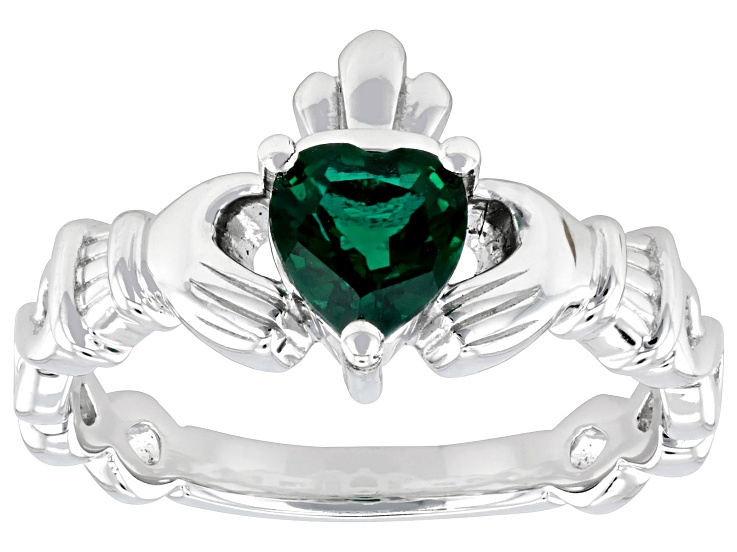 Green Lab Created Emerald Rhodium Over Sterling Silver Claddagh Ring 0.50ct