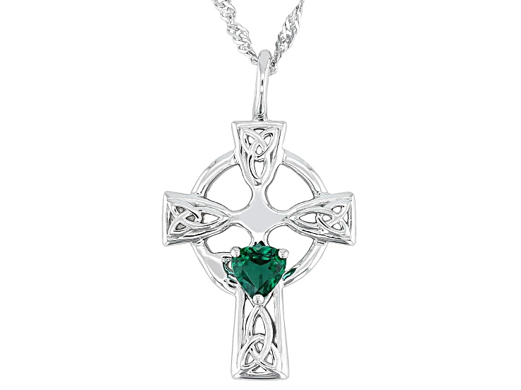 Green Lab Created Emerald Rhodium Over Sterling Silver Pendant with Chain 0.31ct