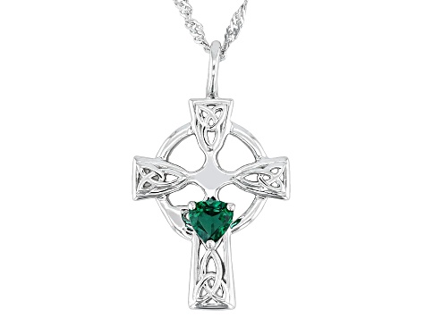 Green Lab Created Emerald Rhodium Over Sterling Silver Pendant with Chain 0.31ct