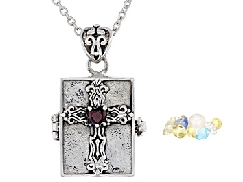 Picture of Red Garnet Rhodium Over Silver Prayer Box Pendant with Chain .37ct