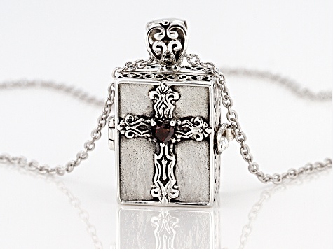 Red Garnet Rhodium Over Silver Prayer Box Pendant with Chain .37ct