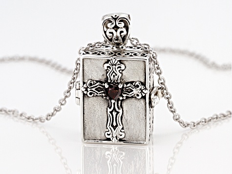 Cross Prayer Box Jewelry Red Garnet Rhodium Over Silver Prayer