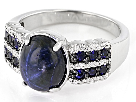 Blue Star Sapphire Rhodium Over Sterling Silver Ring  4.69ctw