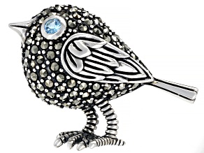 Swiss blue topaz oxidized sterling silver bird brooch .08ct