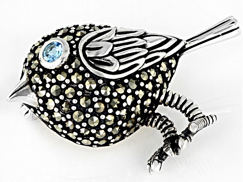 Swiss blue topaz oxidized sterling silver bird brooch .08ct