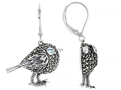 Swiss blue topaz oxidized sterling silver bird dangle earrings .02ctw