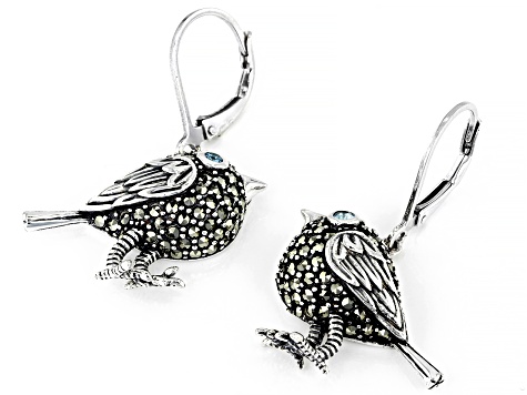 Swiss blue topaz oxidized sterling silver bird dangle earrings .02ctw
