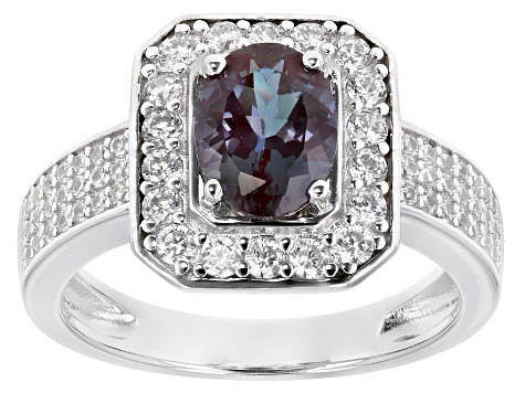 Blue lab created alexandrite rhodium over silver ring 1.80ctw