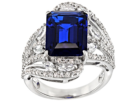 Blue Lab Created Spinel Rhodium Over Sterling Silver Ring 7.87ctw