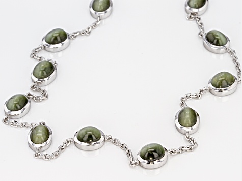 Green Cats Eye Quartz Sterling Silver Station Necklace