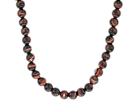 Mahogany Tigers Eye Rhodium Over Sterling Silver Bead Necklace