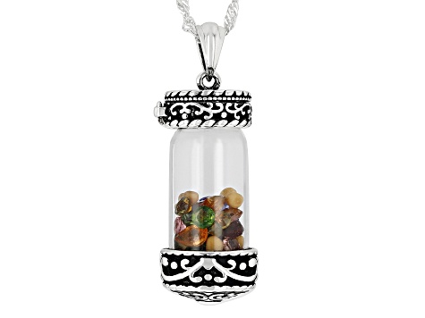 Mustard Seeds With Multi-Gemstone Sterling Silver Prayer Box Pendant With Chain 5.00ctw