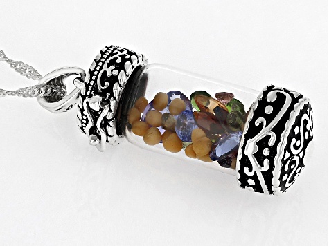 Mustard Seeds With Multi-Gemstone Sterling Silver Prayer Box Pendant With Chain 5.00ctw