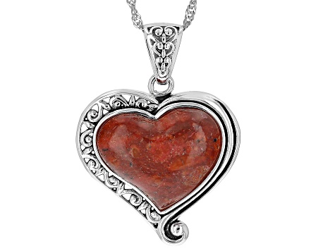 Red Coral Sterling Silver Pendant With Chain