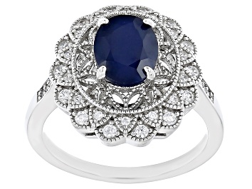 Picture of Blue Sapphire With White Zircon Rhodium Over Sterling Silver Ring 2.16ctw