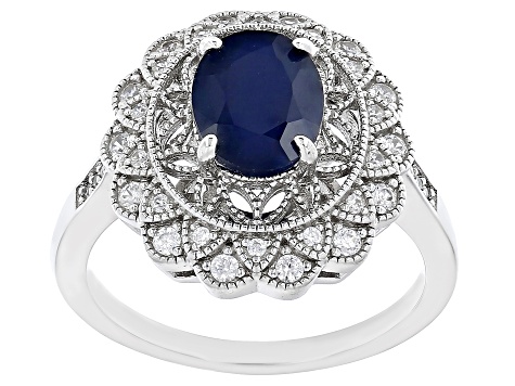 Blue Sapphire With White Zircon Rhodium Over Sterling Silver Ring 2.16ctw