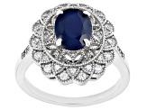 Blue Sapphire With White Zircon Rhodium Over Sterling Silver Ring 2.16ctw