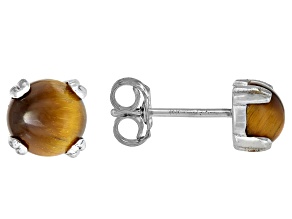 Brown Tiger's Eye Platinum Over Sterling Silver Stud Earrings with Box