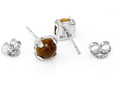 Brown Tiger's Eye Platinum Over Sterling Silver Stud Earrings with Box