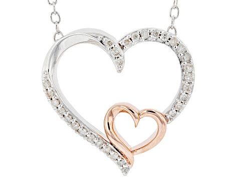 White Diamond Rhodium & 14k Rose Gold Over Sterling Silver Double Heart Necklace 0.15ctw