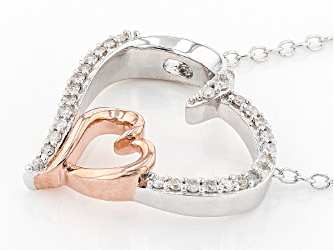 White Diamond Rhodium & 14k Rose Gold Over Sterling Silver Double Heart Necklace 0.15ctw