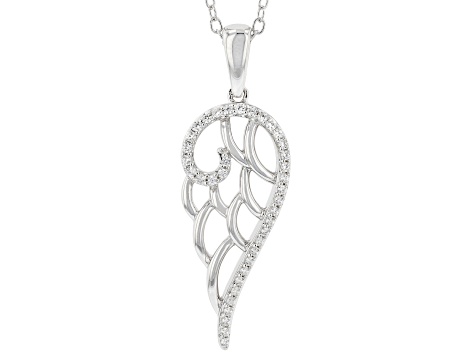 White Diamond Rhodium Over Sterling Silver Angel Wing Pendant With 16" Cable Chain 0.15ctw