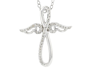 White Diamond Rhodium Over Sterling Silver Winged Cross Pendant With 16" Cable Chain 0.15ctw
