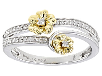Picture of White Diamond Rhodium And 14k Yellow Gold Over Sterling Silver Double Pansy Bypass Ring 0.15ctw
