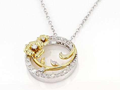White Diamond Rhodium & 14k Yellow Gold Over Sterling Silver Pansy Circle Pendant With Chain 0.25ctw