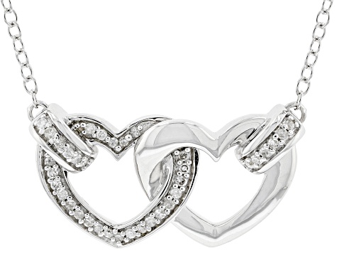 White Diamond Rhodium Over Sterling Silver Linked Hearts Necklace 0.10ctw