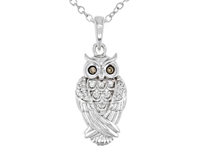 White And Champagne Diamond Rhodium Over Sterling Silver Owl Pendant With Cable Chain 0.10ctw