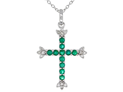 Green Lab Created Emerald And White Diamond Rhodium Over Sterling Silver Cross Pendant 0.70ctw