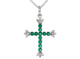 Green Lab Created Emerald And White Diamond Rhodium Over Sterling Silver Cross Pendant 0.70ctw