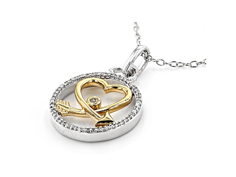 White Diamond Rhodium & 14k Yellow Gold Over Sterling Silver Heart & Arrow Medallion Pendant 0.10ctw