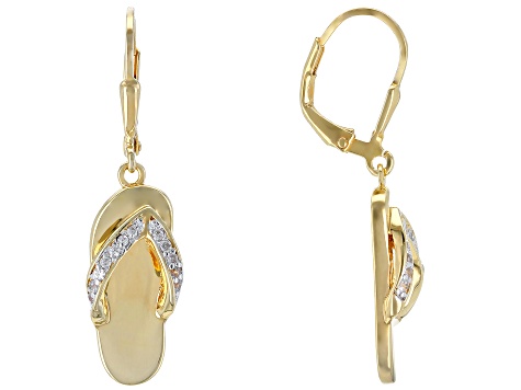 White zircon 18k yellow gold over silver flip flop earrings .18ctw