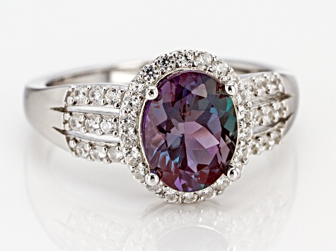 Color change lab created alexandrite rhodium over silver ring 2.14ctw