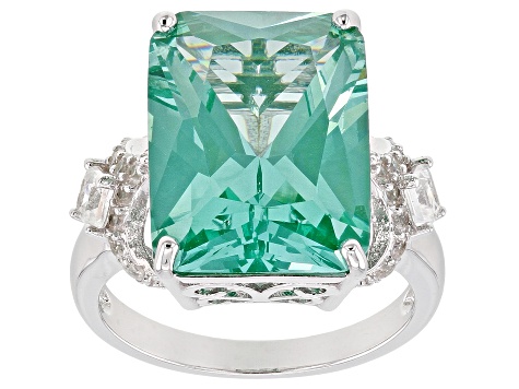 Green lab created spinel rhodium over silver ring 11.30ctw