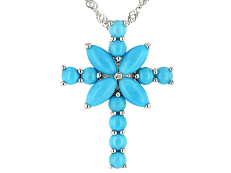 Blue turquoise rhodium over silver cross pendant with chain .01ct