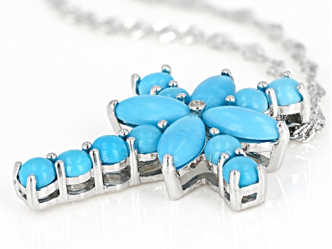 Blue turquoise rhodium over silver cross pendant with chain .01ct