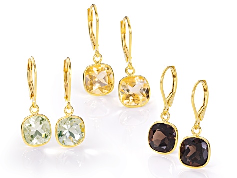 Multi-Gemstone 18k Yellow Gold Over Sterling Silver Set of 3 Dangle Earrings 12.75ctw