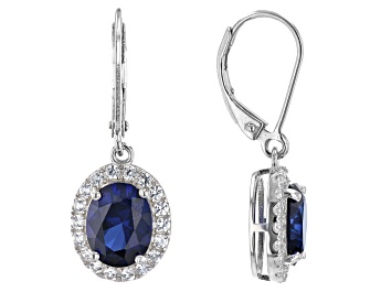 Picture of Blue Lab Created Sapphire Rhodium Over Sterling Silver Earrings 4.32ctw