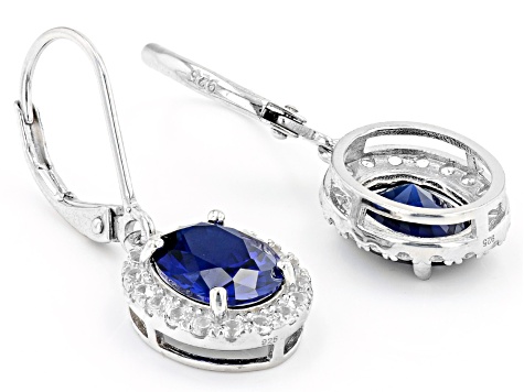 Blue Lab Created Sapphire Rhodium Over Sterling Silver Earrings 4.32ctw