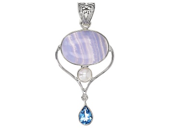 Picture of Blue Lace Agate, Topaz, & Cultured Freshwater Pearl Silver Pendant 1.89ct