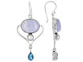 Blue Lace Agate, Topaz, & Cultured Freshwater Pearl Silver Earrings 0.77ctw