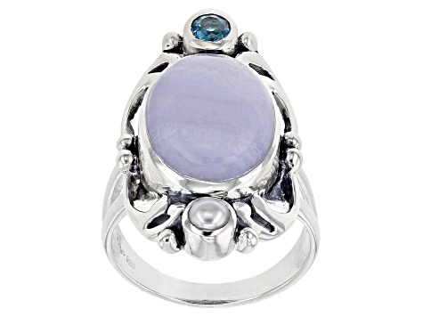 Blue Lace Agate, Blue Topaz, & Cultured Freshwater Pearl Silver Ring 0.23ct