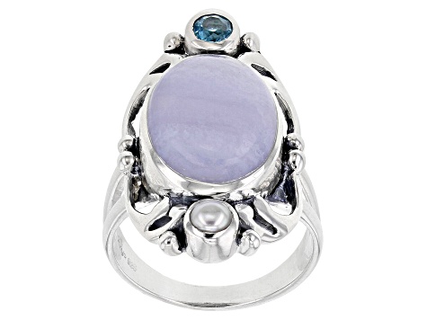 Blue Lace Agate, Blue Topaz, & Cultured Freshwater Pearl Silver Ring 0 ...