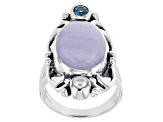 Blue Lace Agate, Blue Topaz, & Cultured Freshwater Pearl Silver Ring 0.23ct
