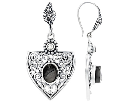Rough Shungite With Clear Quartz Sterling Silver Earrings 0.26ctw